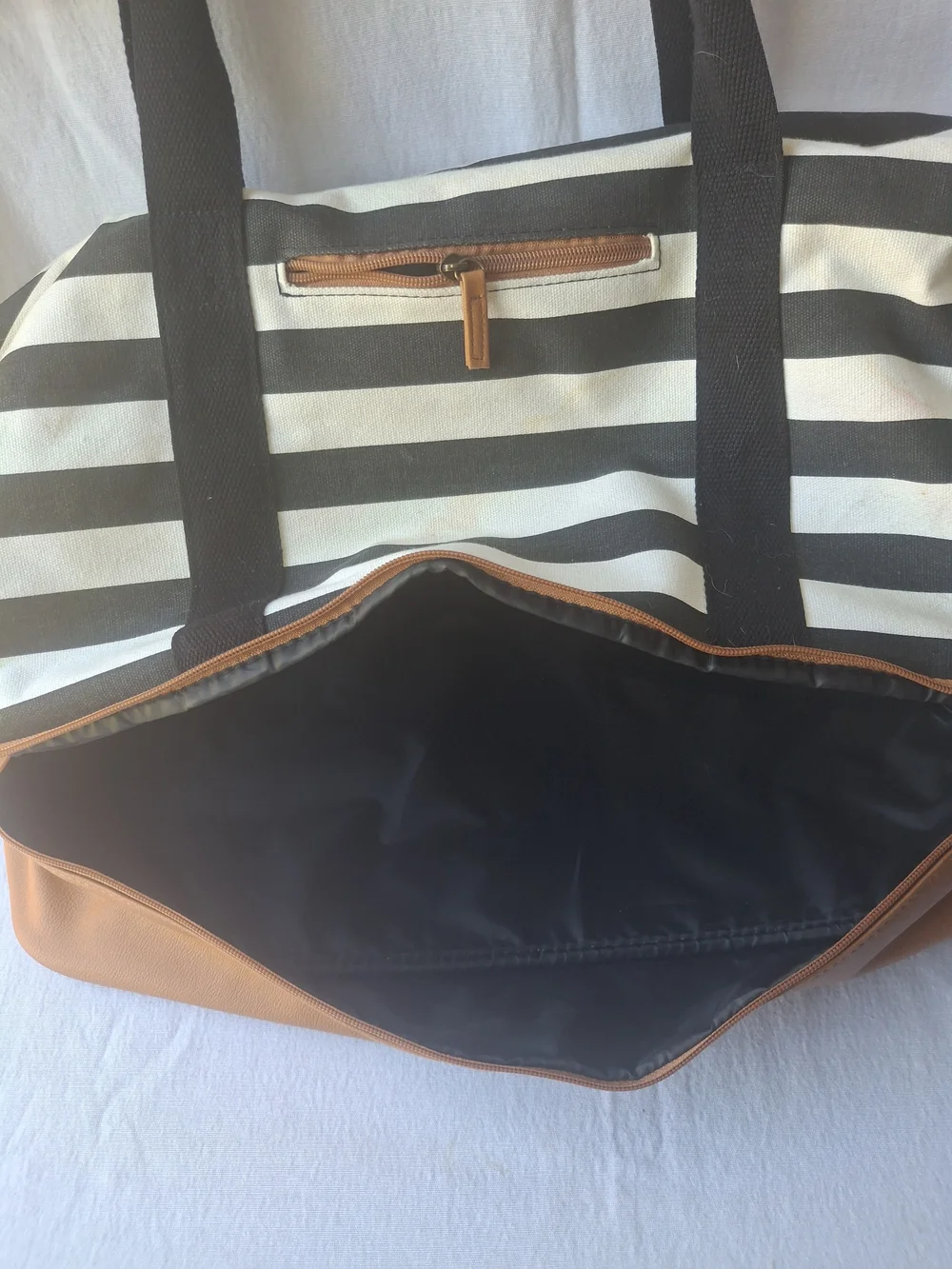 DSW Black & White Striped Weekender with Tan Base